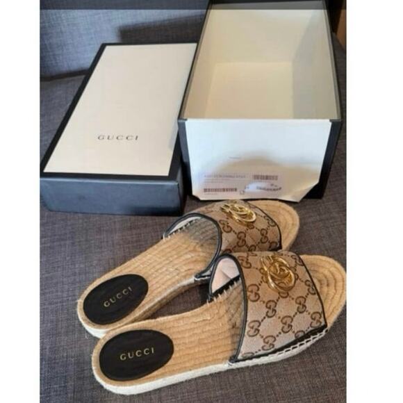 GUCCI Monogram Matelasse GG Marmont Espadrille Slide Sandals Size 38 Beige Black - Picture 4 of 16